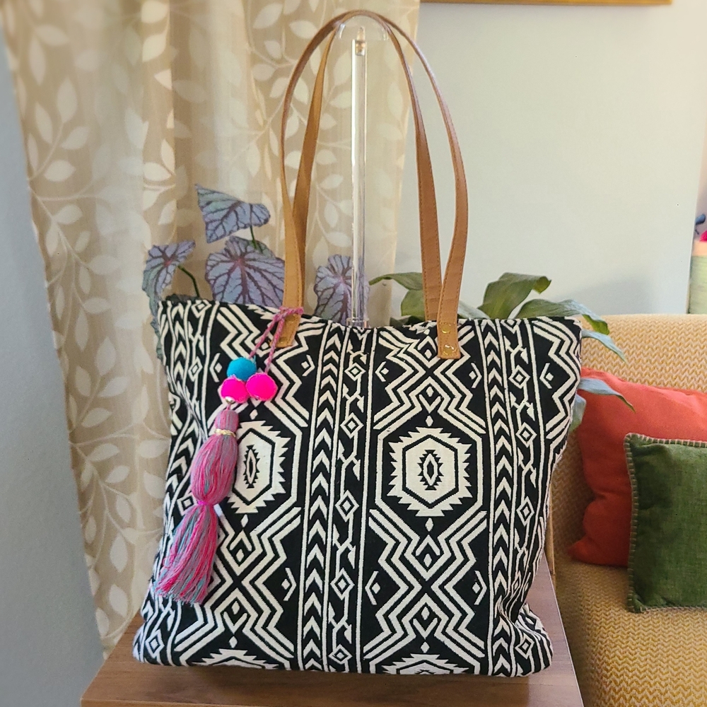 Black & White Boho Cotton Canvas Tote Bag